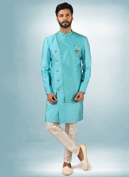 Blue Excluisve Wear Art Silk Digital Print Kurta Pajama With Jacket Mens Collection 1438